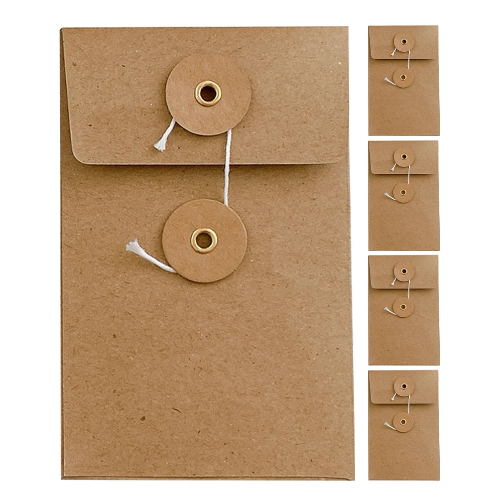 

5pcs Kraft Paper Envelopes 80x125mm String Closure Writable Surface Vintage Office Storage Bags for Photos Records