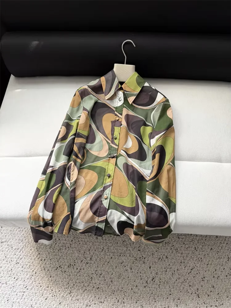 Spring Summer Fashion Indoor Casual Geometric Print Silk Blouses Women's Turn-down Collar Single Breasted Long Sleeve Shirt