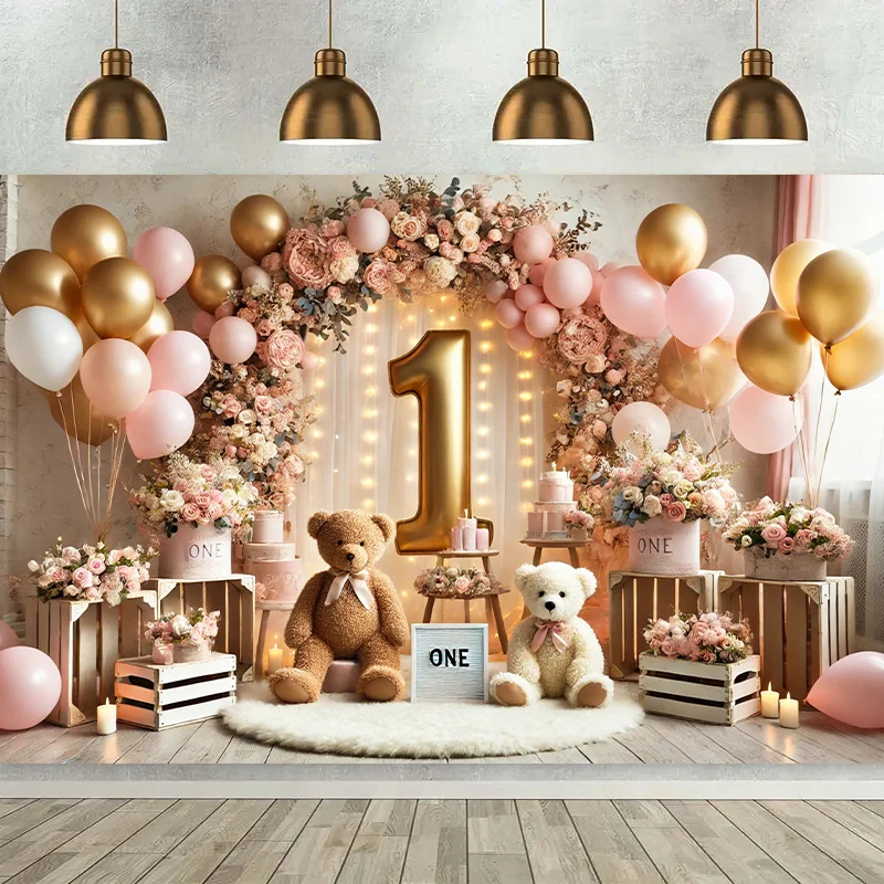 Polyester-Hintergrundbanner: Mehrzweck: Teddybär- und Ballondesign, mit Blumenbögen und goldener Nummer „1“