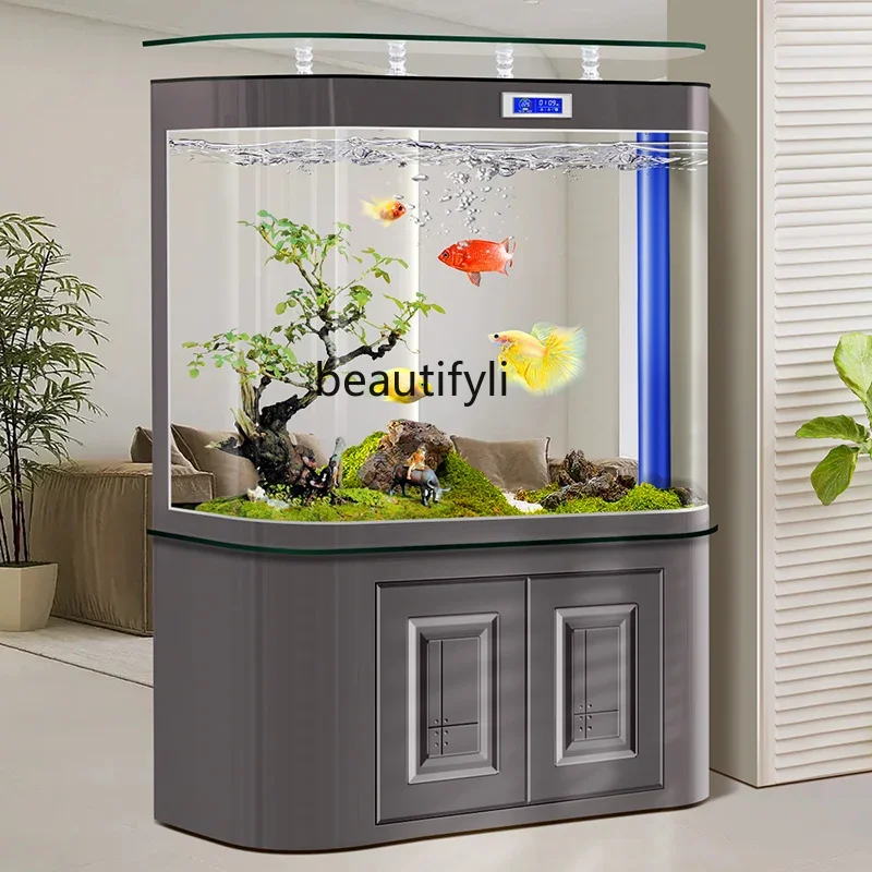 03.Bottom filter fish tank aquarium modern wall living room household light luxury integrated explosion-proof glass lazy water-f