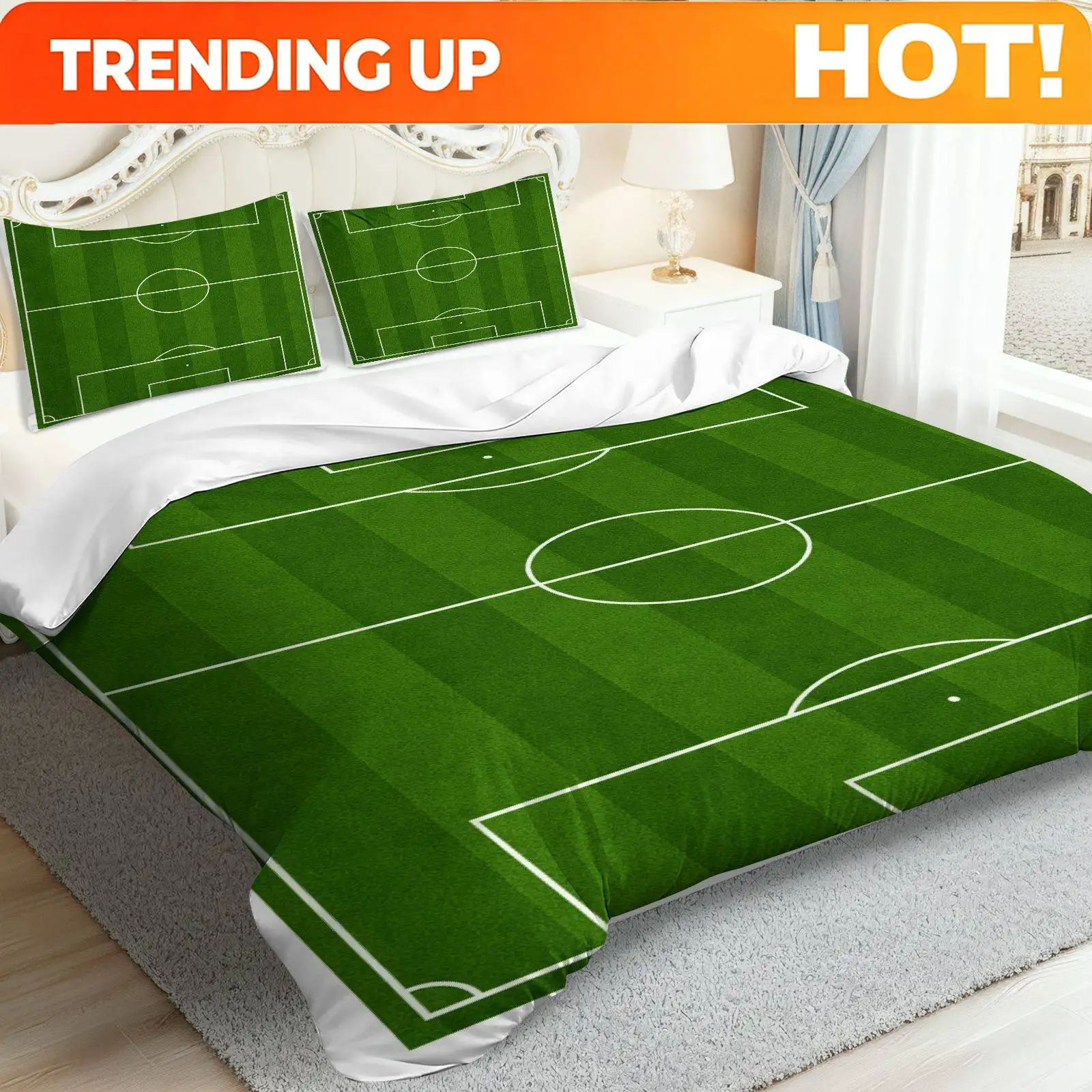 Customize 3pcs Bedding Including 1 Duvet And 2 Pillowcases (Filler Not Included), Featuring a Green Soccer Field Sports Theme, P