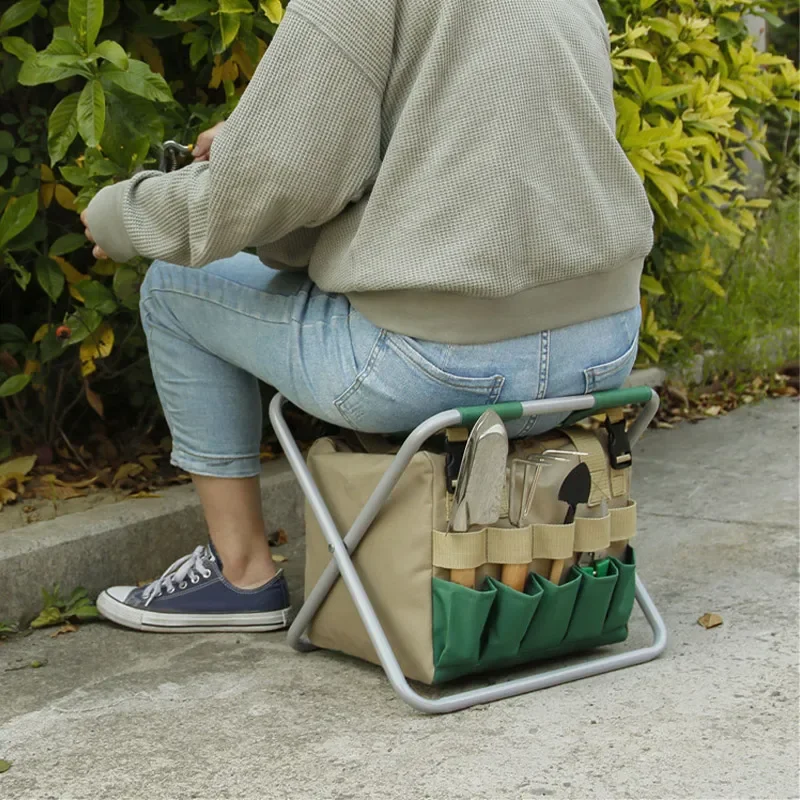 Folding Gardening Stool Gardening Hand Bench with Garden Storage Tote Bag with Multiple Pockets Garden Tools Kit Bag