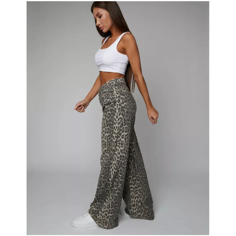 Leopard Print Womens Jeans High Waist Vintage Hip Hop Casual Straight Baggy Y2K Pants Streetwear American Wide Leg Denim Trouser