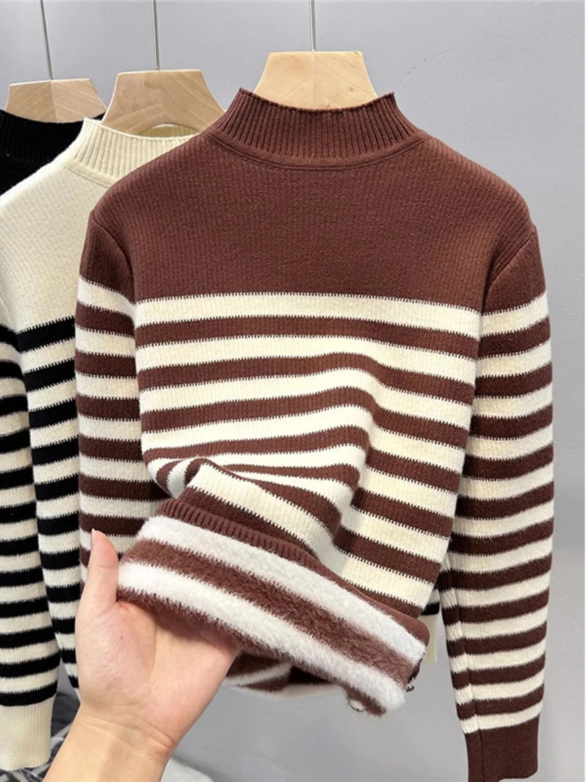 

Thiened Fce женский вязаный свитер осень-зима с высоким воротником, длинный све, теплый пушистый базовый слой, внутренняя одежда, новинка 2024 г.