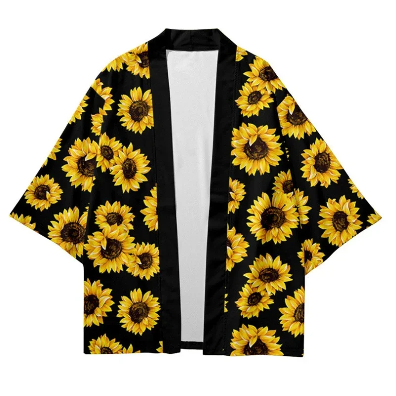 2024 New Sunflower Graphic Print Men's Kimono Japanese Harajuku Style Fashion Cardigan Japan Haori  Traditional Women's Kimonos