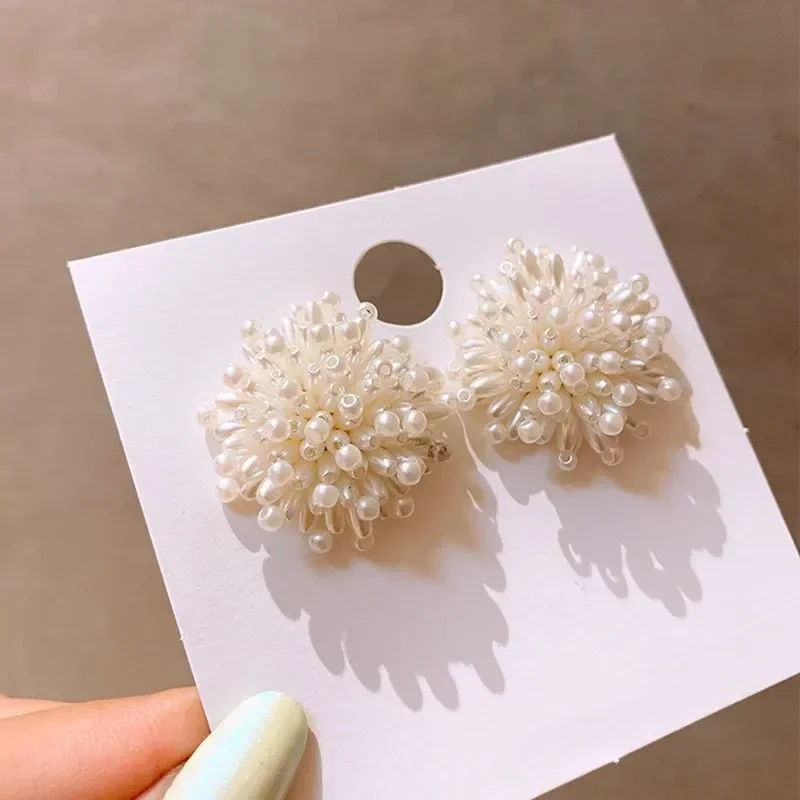 Korea Japan Sweet Imitation Pearl Earrings for Women Gold Color Alloy Firework Big Statement Dangle Earrings Wedding Jewelry