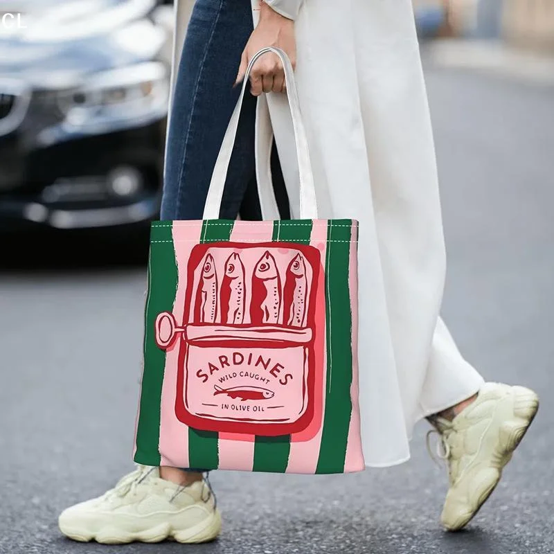Colorful Trendy Sardines Printe Casual Handbag, Reusable Fashionable Backpack, Multifunctional Tote Bag Polyester Shopping Bag