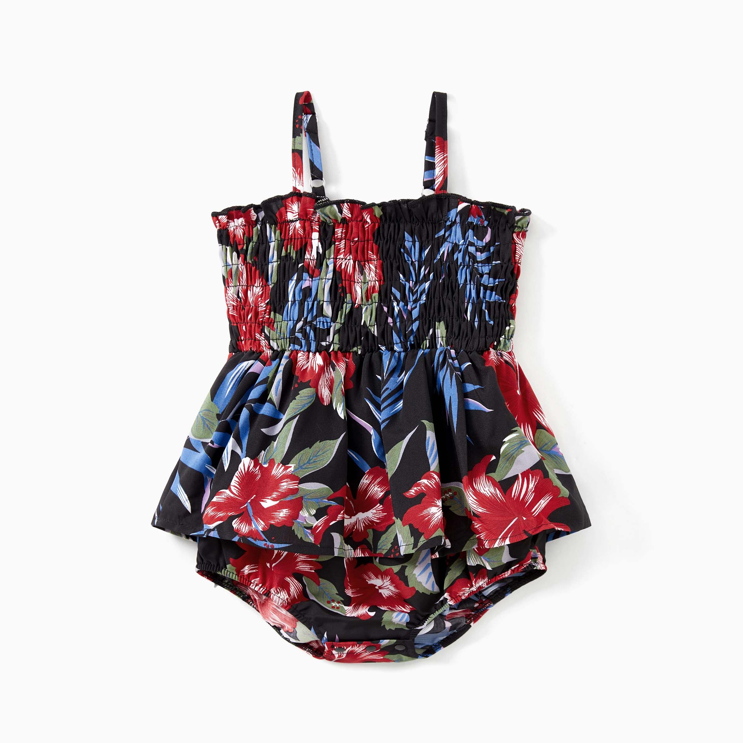 PatPat Family Matching Floral Beach Shirt and Drawstring Front Shirred Back Halter Neck High-Low Dress Sets