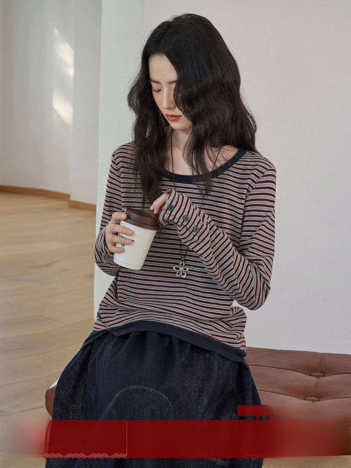 

MoZa Spring 2026 Women's Loose Fit Slimming Long Sleeve round Neck Striped T-Shirt Comfortable Korean Style Commute Fashion