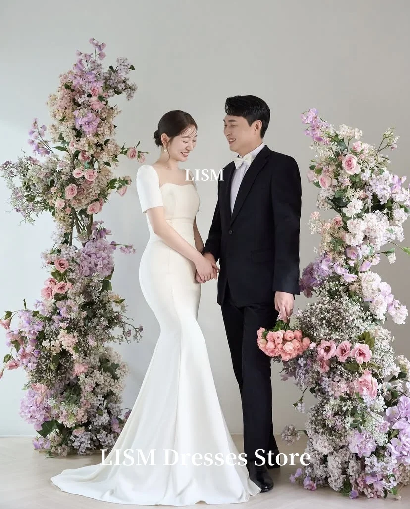 LISM 스퀘어 칼라 인어 간단한 한국 웨딩 드레스 하프 슬리브 긴 신부 가운 웨딩 드레스 맞춤형 코르셋 사진 촬영