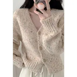 Mixed Color Dot V-neck Knitted Cardigan Sweater Women's Coat College Style Sweet and Western Ins Vitality Girl Outerwear