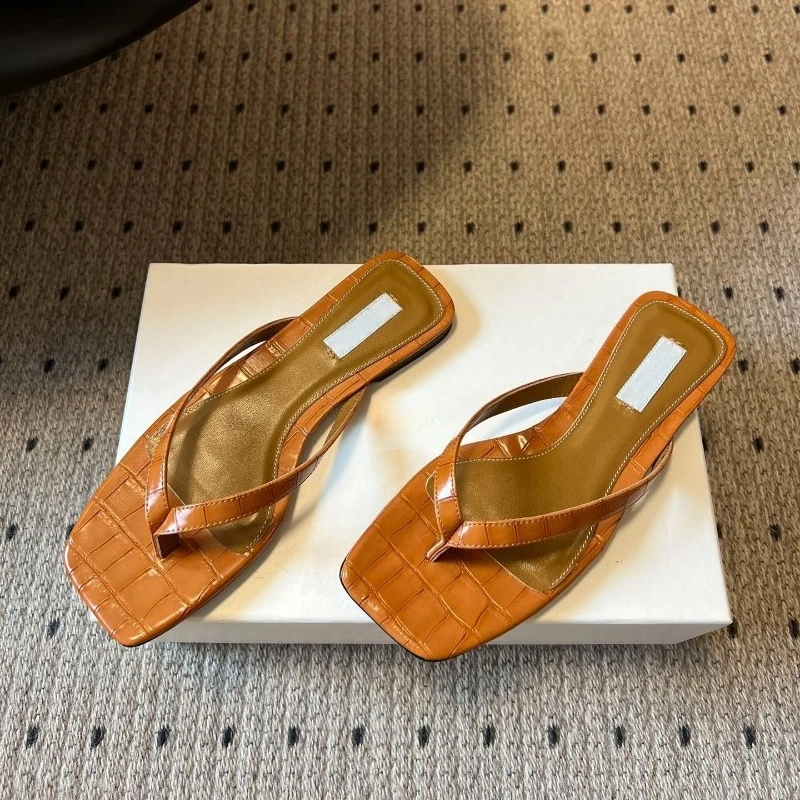 

Luxury Brand Croco-embossed Flip Flops Tangerine 26ss New Minimalist Square Toe Sandals Women's Designer Fashion Sandals