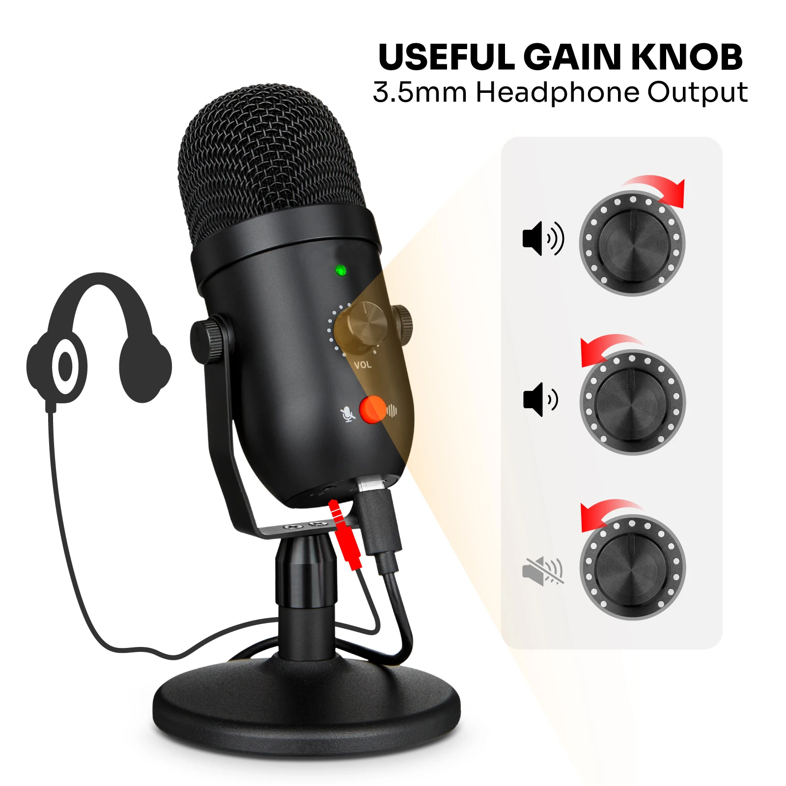 Professionelles USB-Mikrofon für Musikaufnahmen, Podcasting, Studioausrüstung, Kabelgebundene Verbindung für PC-Gaming, aus Metall und Kunststoff