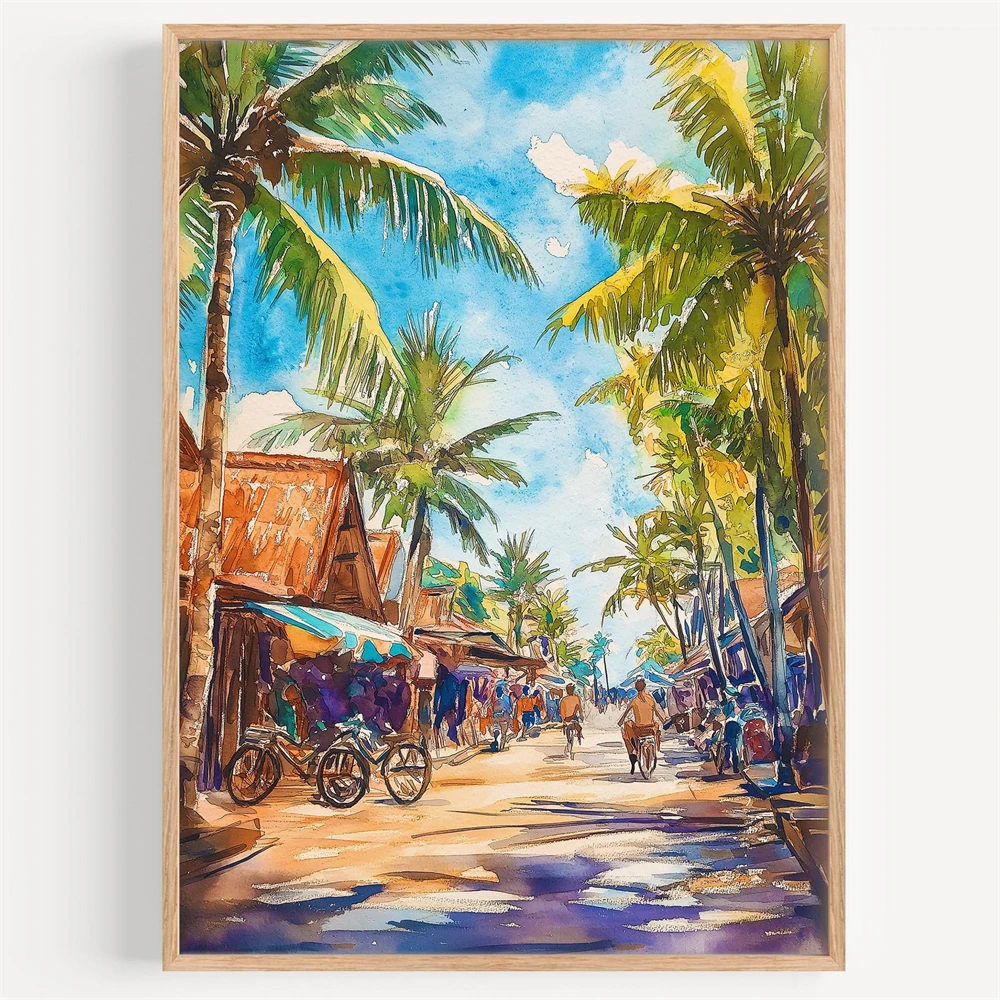

Lombok Watercolor Canvas Painting City Landscape Wall Art Print Travel Poster Indonesia Travel Print Illustration Home Decor