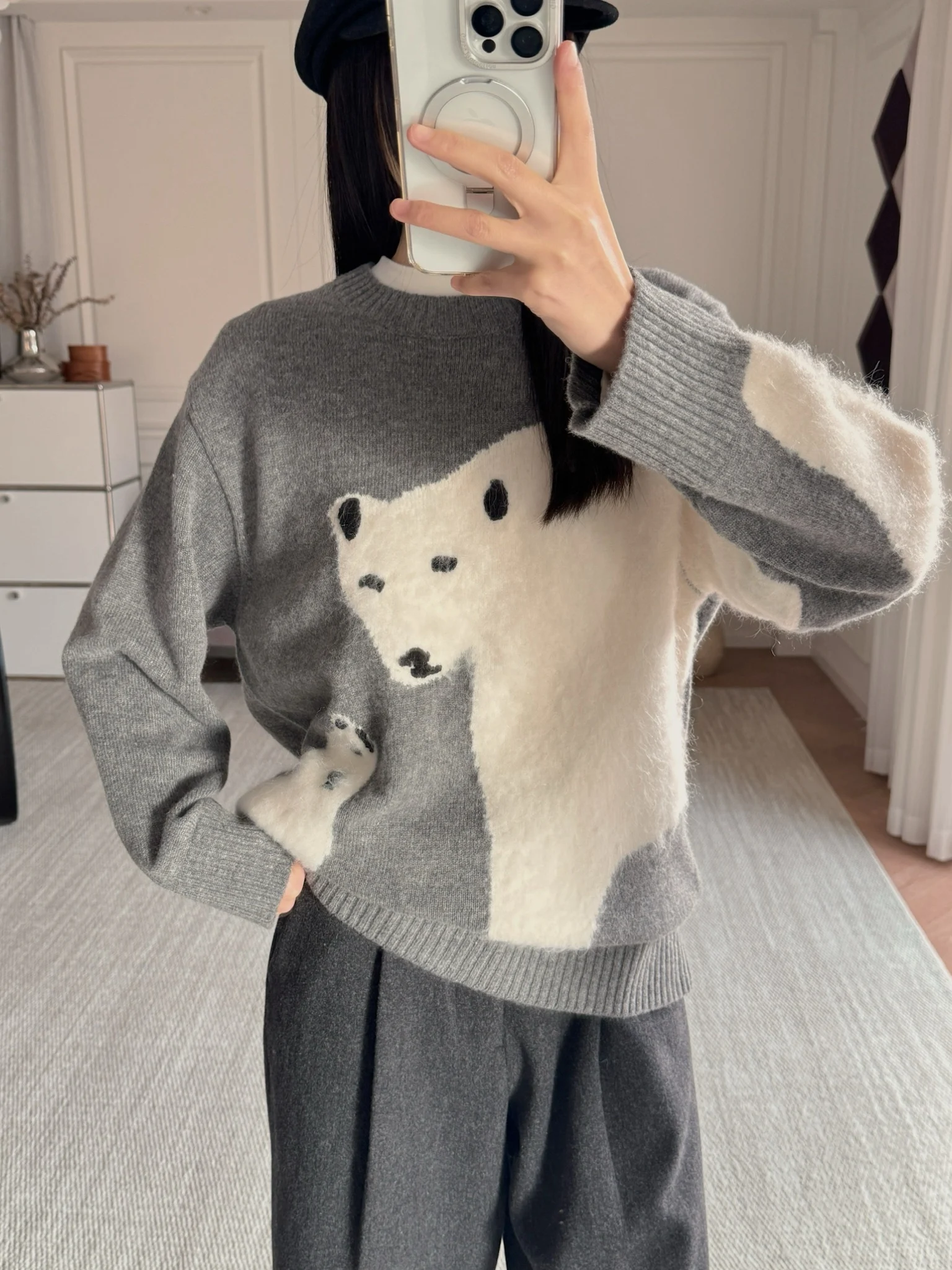 

Вязаный свитер с милым узором в виде полярного медведя, свободный крой, круглый вырез, шерстяной, женский, с длинными рукавами, зимний, модный