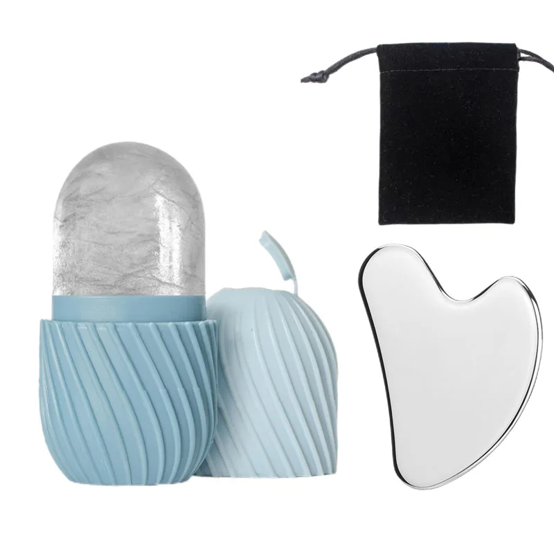 ลูกกลิ้งหน้าน้ําแข็งซิลิโคนและชุดเครื่องมือขูดสแตนเลส (พร้อมถุงเก็บ) เครื่องมือดูแลผิวหน้าแบบใช้ซ้ําได้ 2 ชิ้น