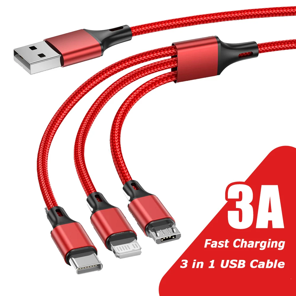 3 In 1 3A USB Cable Type C Micro Mobile Phone Multiple Fast Charging Cord For iPhone 14 13 Pro Max Xiaomi 12 POCO Samsung Realme