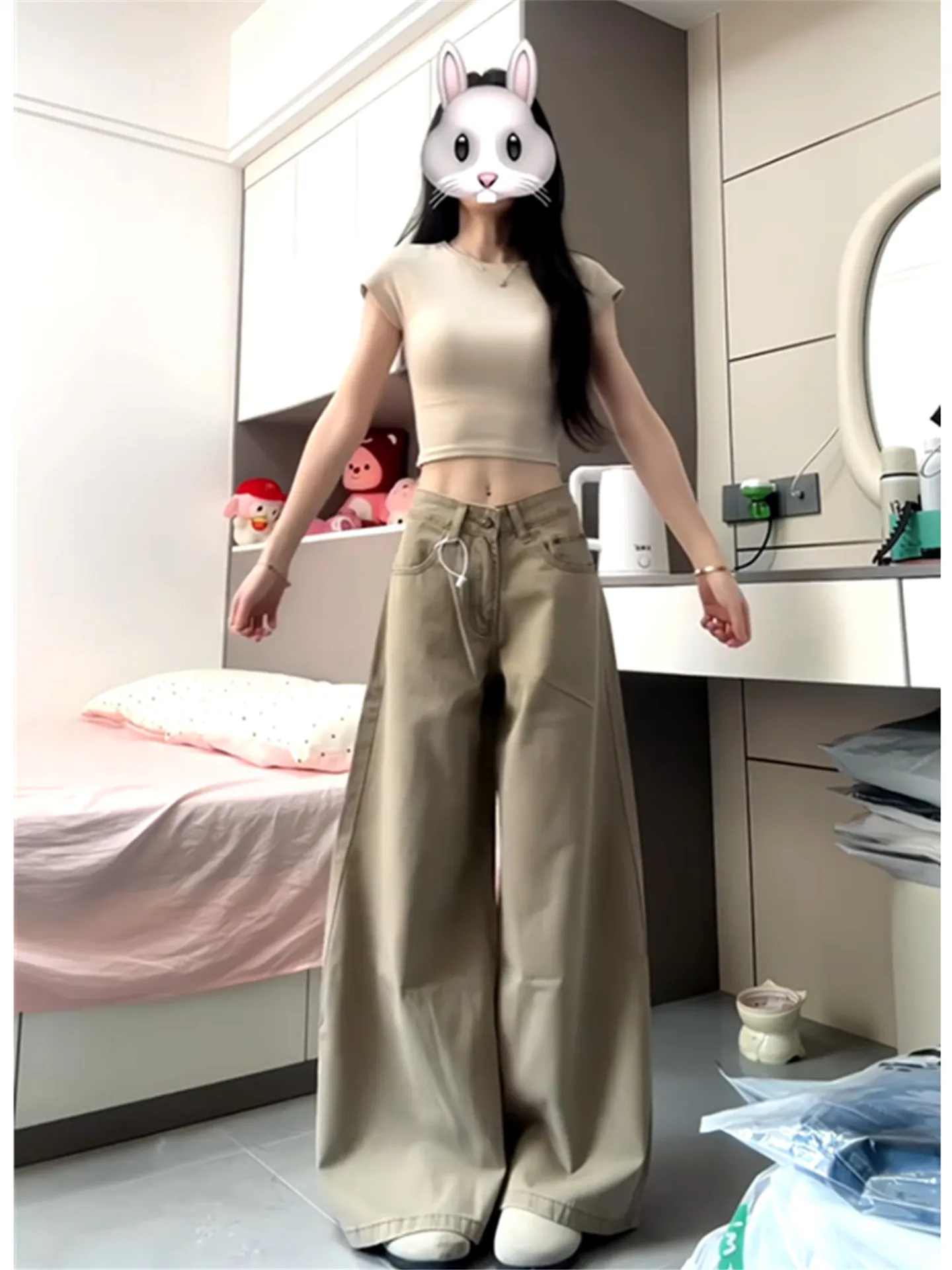 

Джинсы-клеш цвета хаки удлиненные, свободного кроя, с высокой талией, в расслабленном стиле, стройнящие, прямые, в пол, для высоких женщин