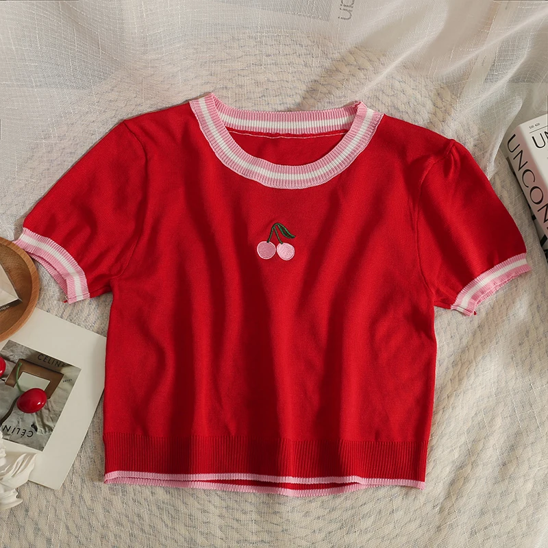 Pearl Diary Summer Contrast Color Stripe Cherry Embroider Top Women Short Round Collar Kuitting T-Shirt Thin Cute Young Girl Top