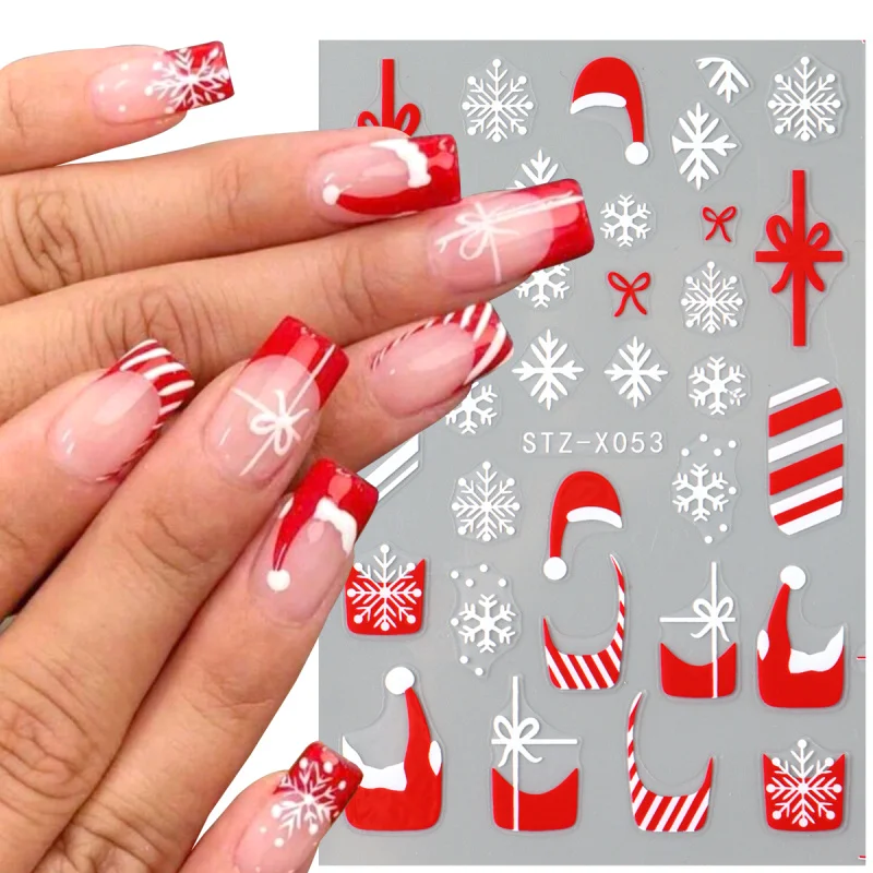 3pc 3D Festivo Natale Nail Art Adesivi Rosso Cappelli di Natale Bowknot Caramelle Fiocco di neve Francese Manicure Capodanno Cursori adesivi Decor