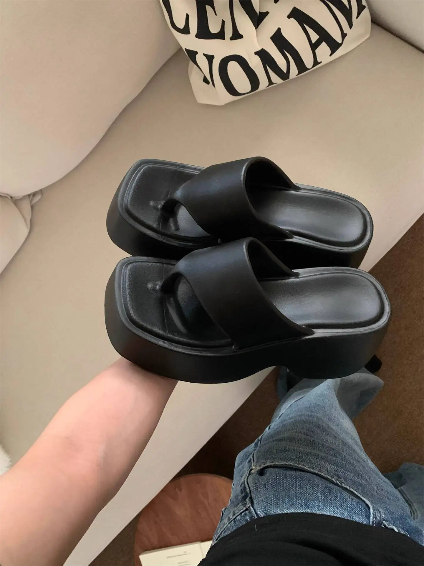 

Women's Slippers 2026 Spring Summer Flip Flops 8cm Platform Heightened Square Toe Stylish Trendy Outdoor Beach Slippers