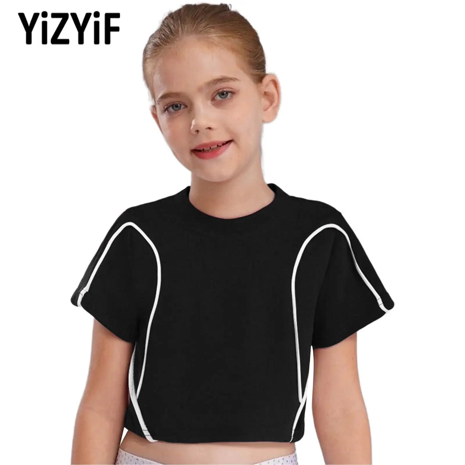 

Girls Sports Tops Kids Hip-Hop Jazz Dance Shirt Teen Contrast Color Short Sleeve T-shirt Gym Exercise Workout Cycling Sportswear