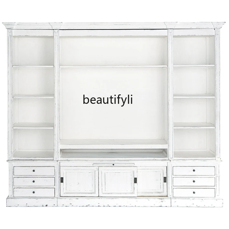 

American solid wood TV cabinet, wall cabinet combination French retro old bookshelf bookcase