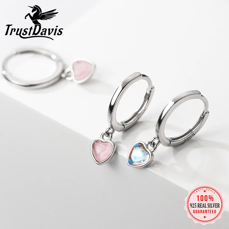 

TrustDavis стерлингового серебра 925, модные серьги-кольца из синтетического стекла с милым сердцем для дочери и девочек, подарок на день рождения, ювелирные изделия DA1984