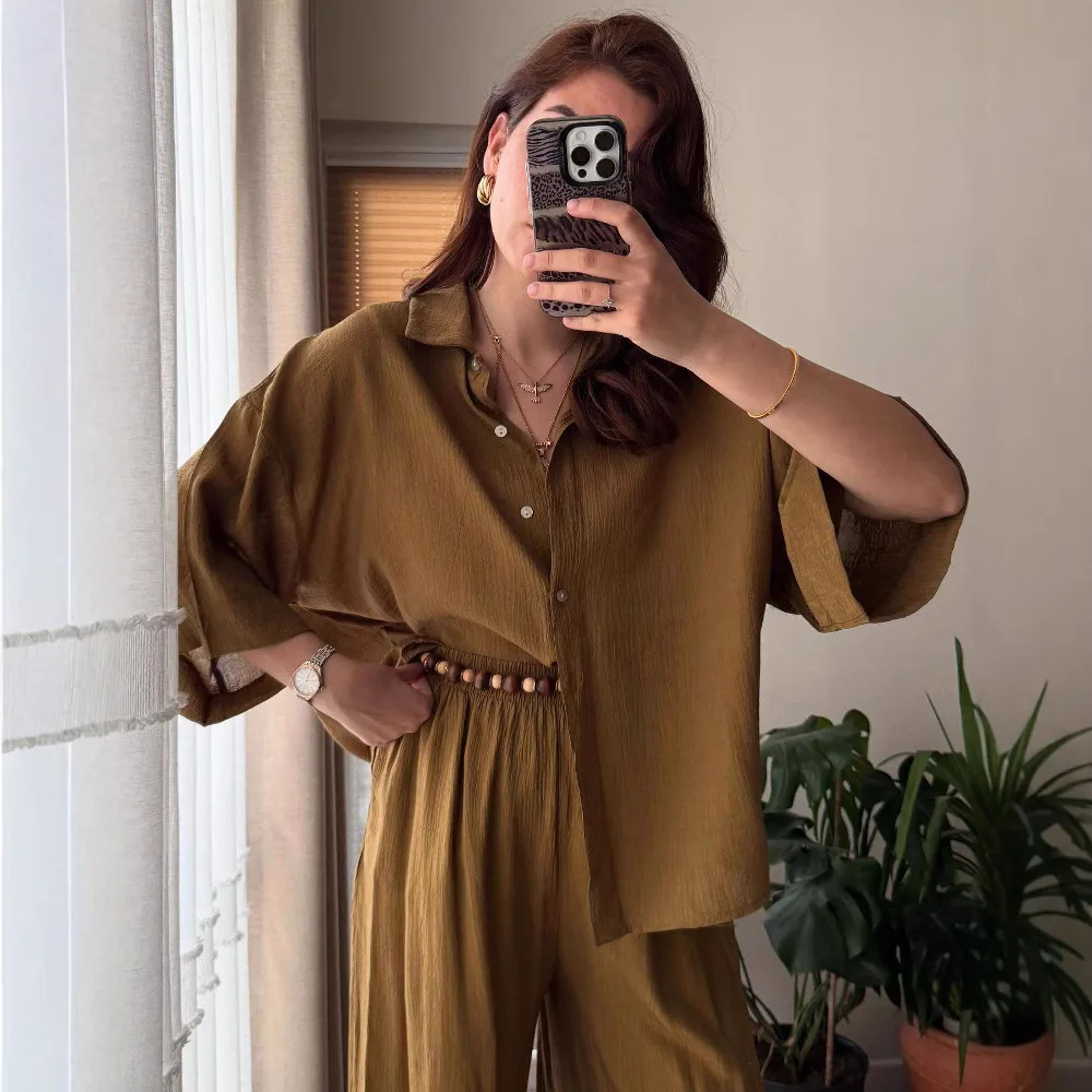 

Hot Selling New Women's Solid Color Cotton and Linen Shirt Loose Pants Two-piece Set