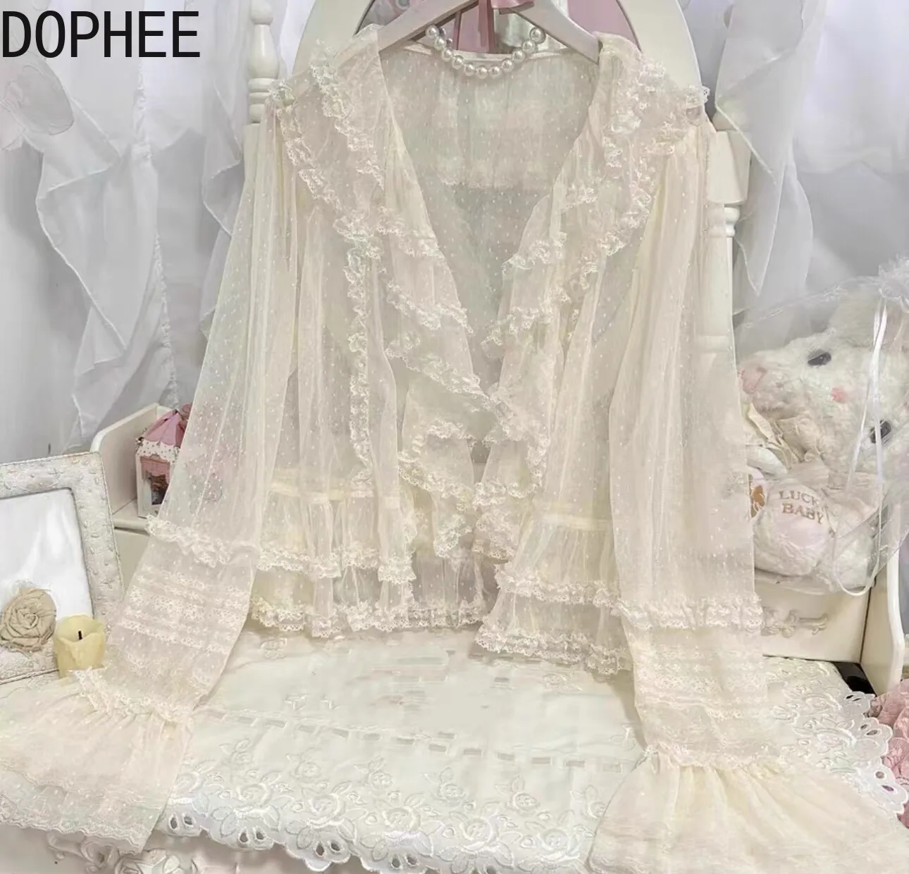 New Autumn Sweet Princes Cardigans Top All-match Perspective Mesh Elegant Ruffles Lace Flare Sleeve Shirt Women Lolita Clothes