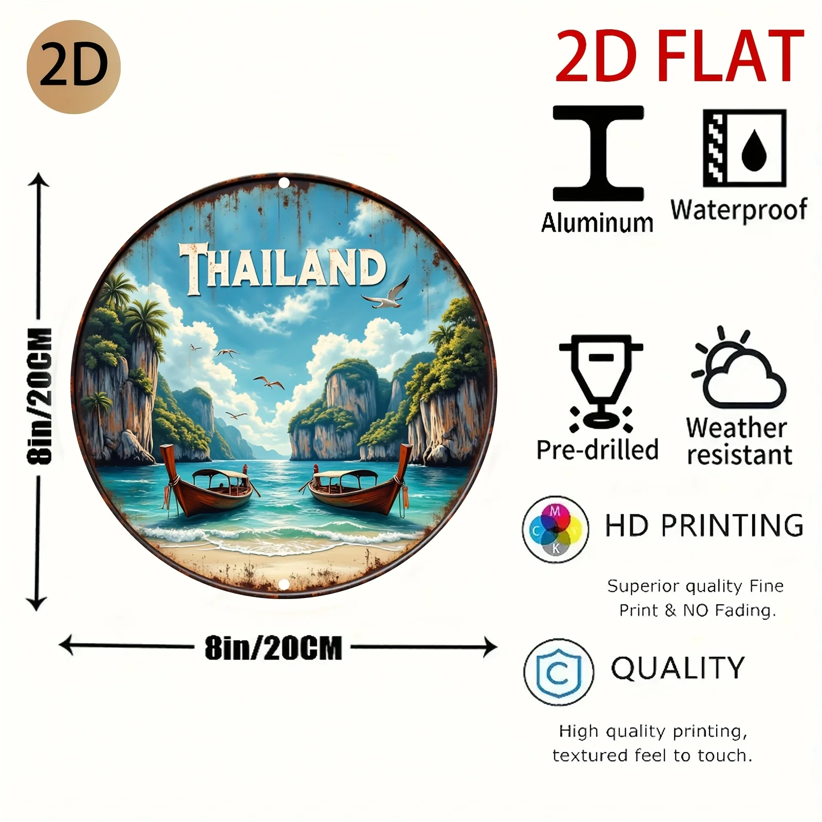 2D Flat Circular Thai-Themed Tin Sign, Metal Design, Travel Style, Suitable for Home Living Room or Travel-Themed Wall Art