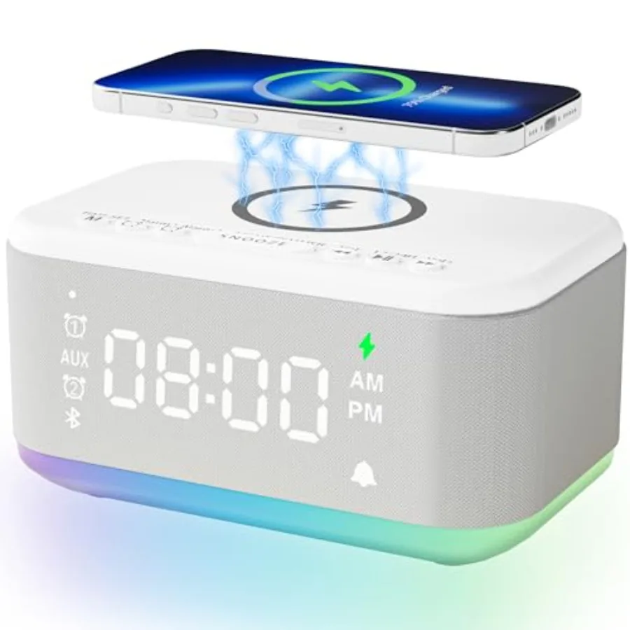 

Будильник-колонка с беспроводной зарядкой, цифровой Bluetooth-будильник для спальни с регулируемой подсветкой, двойной будильник с функцией повтора