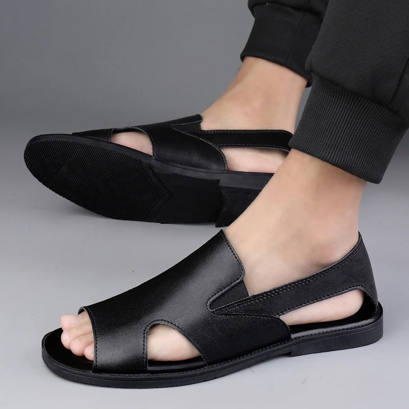 Italian Style Summer Black Sandals Lightweight Fashion Roman Shoes Original Designer Leather Shoes Outdoor Breathable Slippers