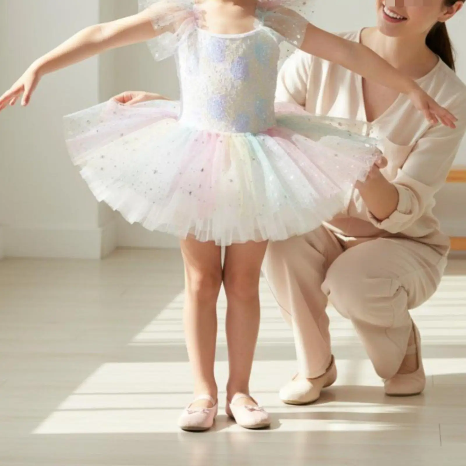 Girls Sequin Tutu Dress Sequins Ballet Skirt Dress Ruffle Sleeves Rainbow Tulle Princess Costume for Dancers, Performance,
