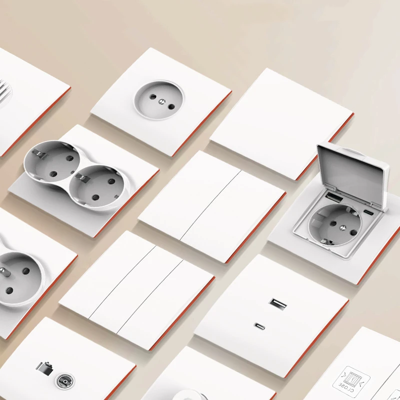 86*86mm EU Standard White Skin Texture Curved PC Flat Panel Round Base,  red frame, household wall switch socket series