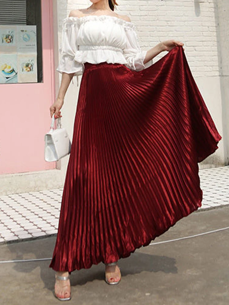 Women's Elegant Metal Color Mermaid Skirt Korean Fashion Elastic High Waist Floor Length Pleated Maxi Skirts 2024 Summer K78