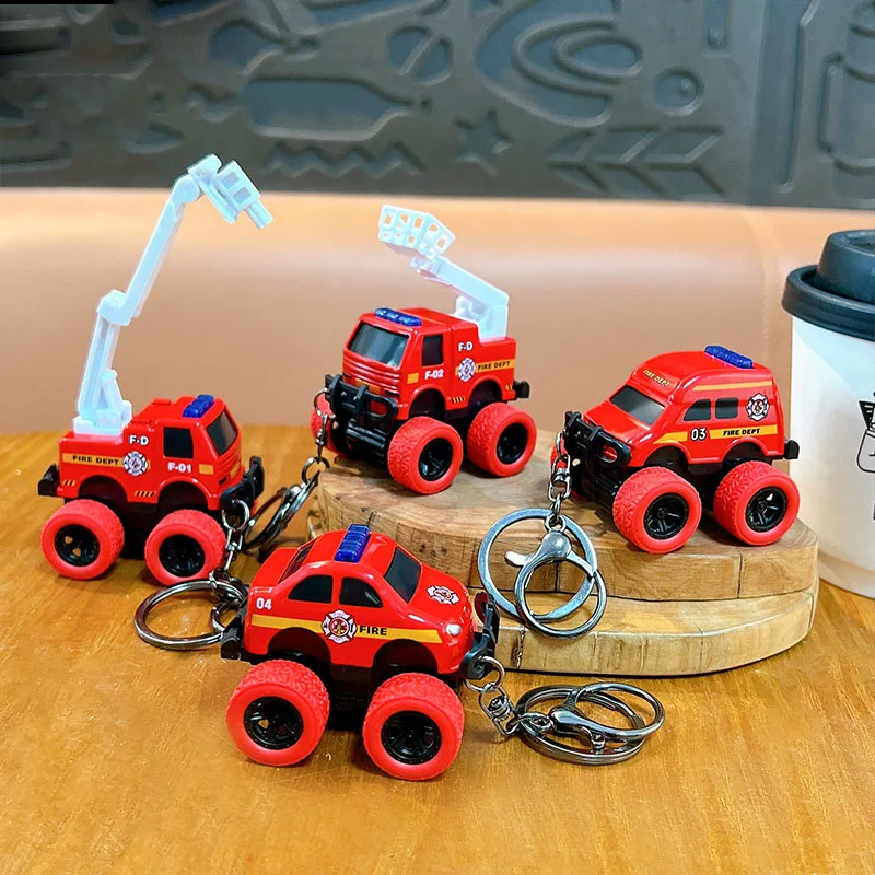 Creative Alloy Rebound Fire Engine Keychain Cartoon Funny Pull-back Fire Truck Key Chain Student Schoolbag Pendant Keyfob