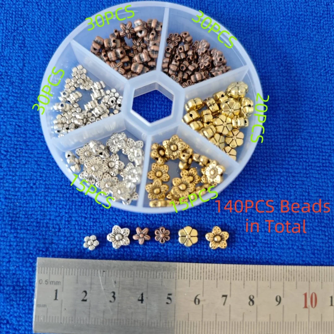 140PCS Antiqued Silver Gold Copper Metal Flower Spacer Beads in Storage Box for Jewelry Making