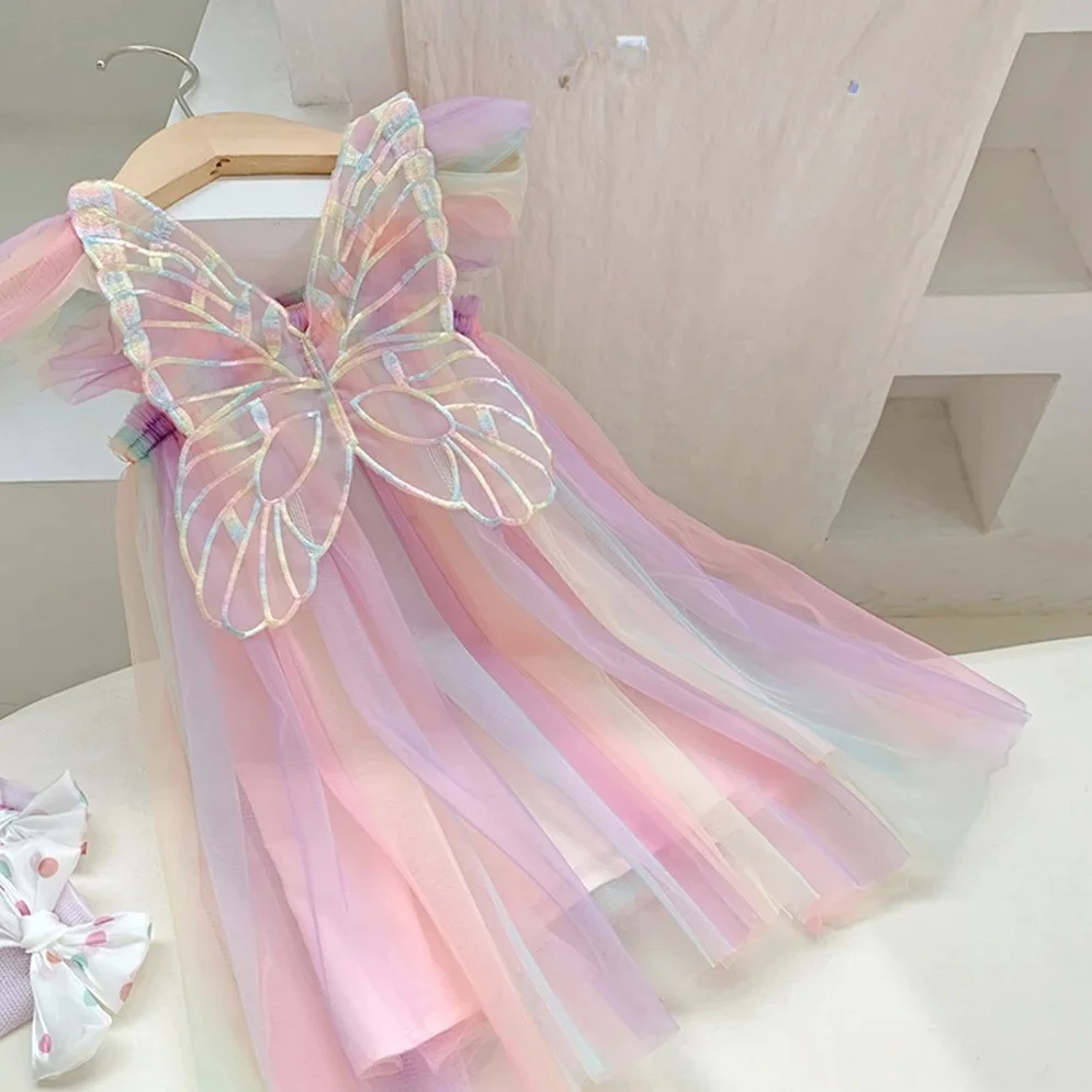 Mesh Lace Princess Butterfly Lovely Sweet Wedding Hoilday Children Elegant Children Clothes Costume 2025 Kids Girl Summer Dress