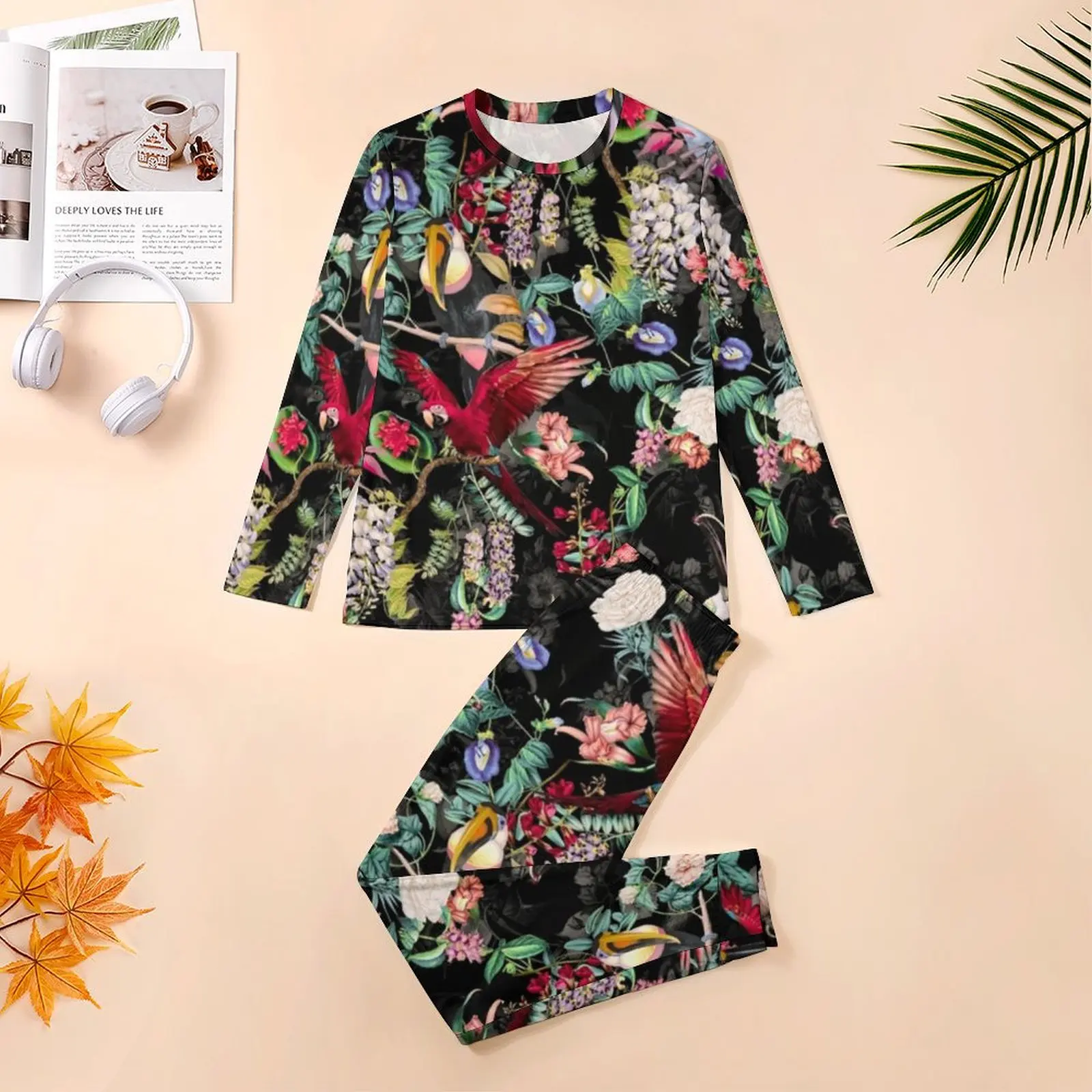 Red Parrot Pajamas Long Sleeves Tropical Floral Print 2 Piece Casual Pajama Sets Spring Male Graphic Warm Big Size Sleepwear