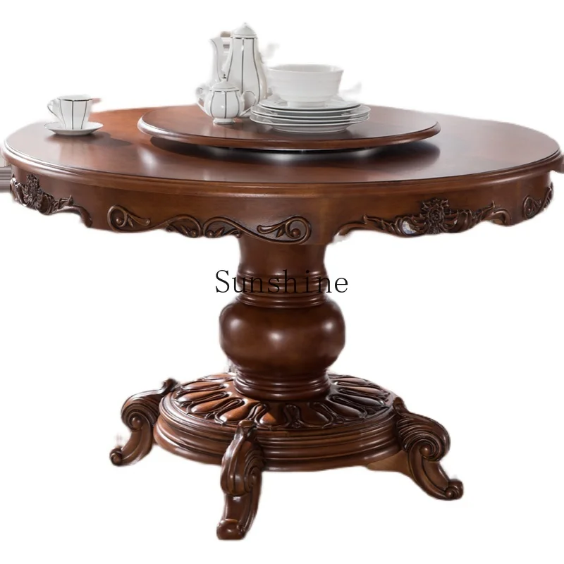 

American-style all-solid wood European round dining table and chair combination with turntable