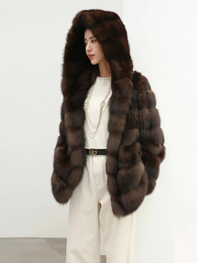 

Autumn Winter Faux Sable Fur Coat Elegant Luxury Chic Thick Warm Soft Women with Hood High Quality Fluffy Jacket Hoodie