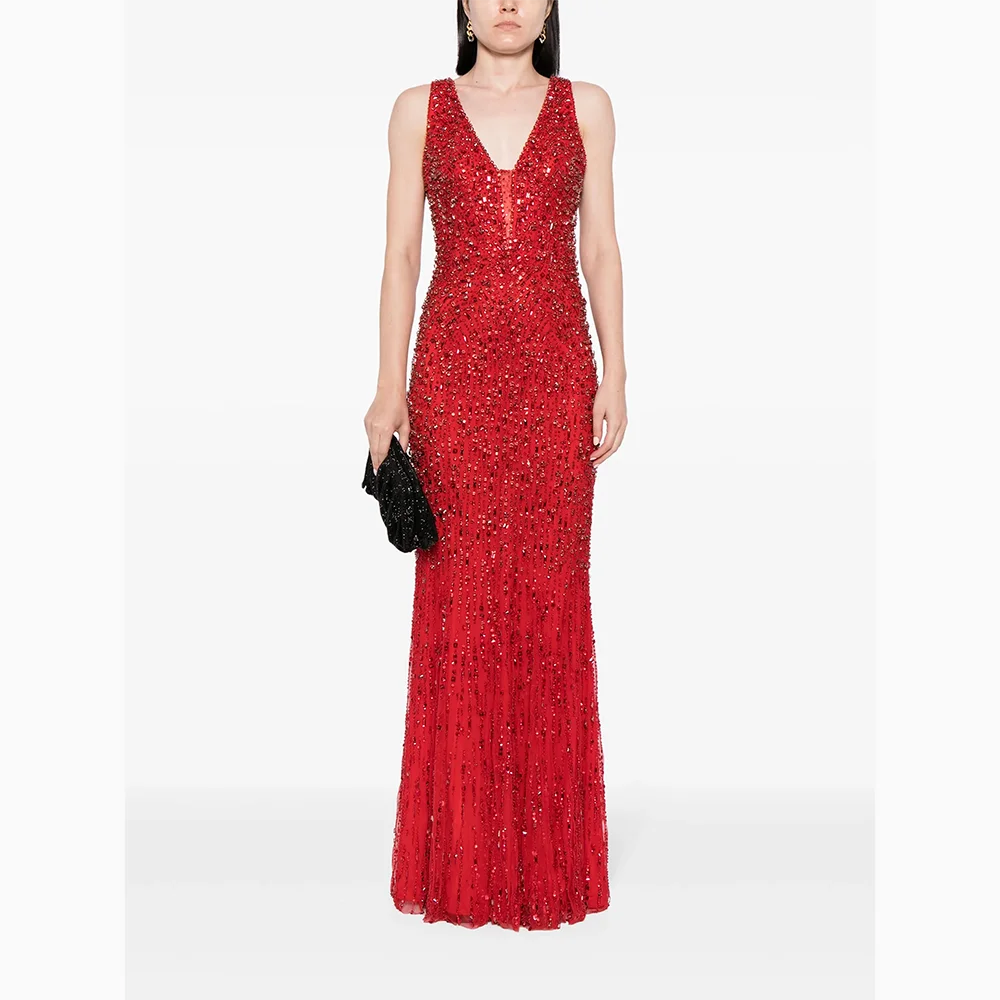 

Customized Red V-neck Sleveesless Evening Dresses Elegant Formal Occasion Prom Gowns Beading 2026 Floor Length Prom Dress