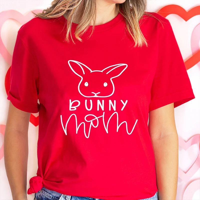 Funny Bunny Mom Print Casual T-Shirt Round Neck Short Sleeves Sports Tee Women's Activewear Top Rabbit Print Fashion Clothes