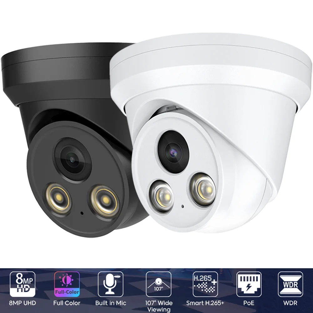 

8MP Full Color IP PoE AI Turret Camera F1.0 Aperture 98ft Color Night Vision Mic Human/Vehicle Detection 2.8mm Lens IP67 4K