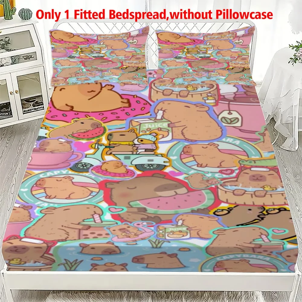 1pc Cute Cartoon Capybara Print Fitted Sheet Deep Pocket Elastic Mattress Cover Single Double Queen King Bedroom Decor