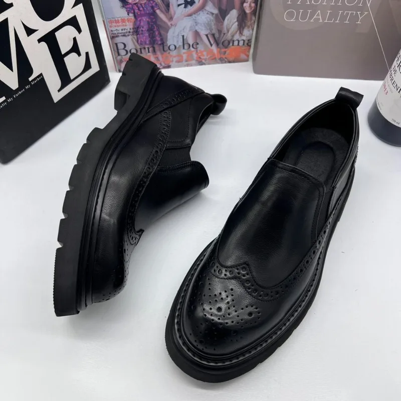 

British Style Men Brogue Shoes Black Genuine Leather Loafers Chunky Sole Slip-On Casual Dress Shoes