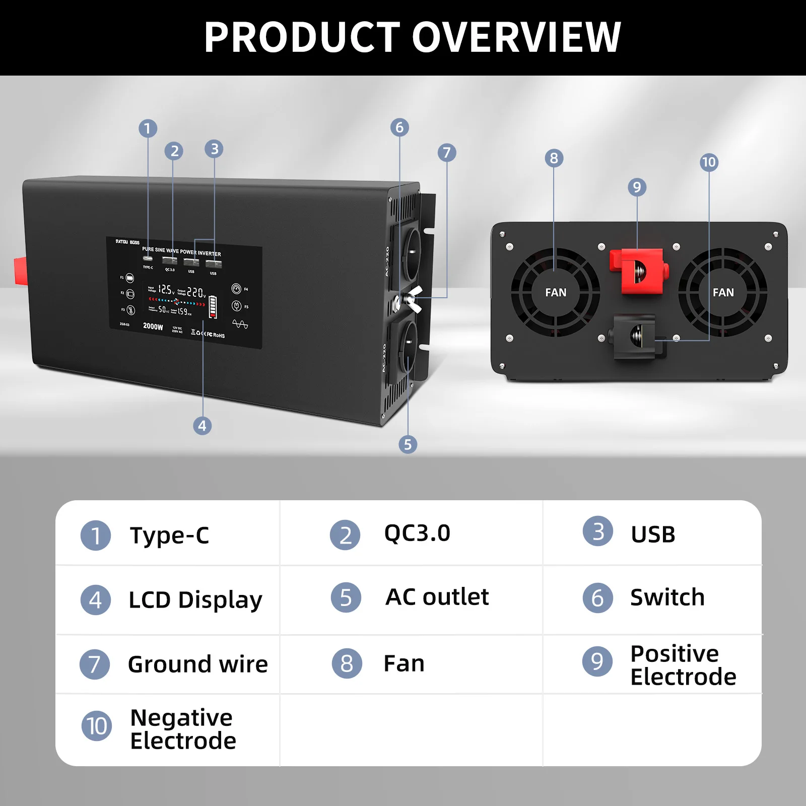 DATOUBOSS onduleur à ondes sinusoïdales pure puissance de crête 4000W dc 12V 24V 36V 48V 60V à ac 220V 230V onduleur puissance continue 2000W