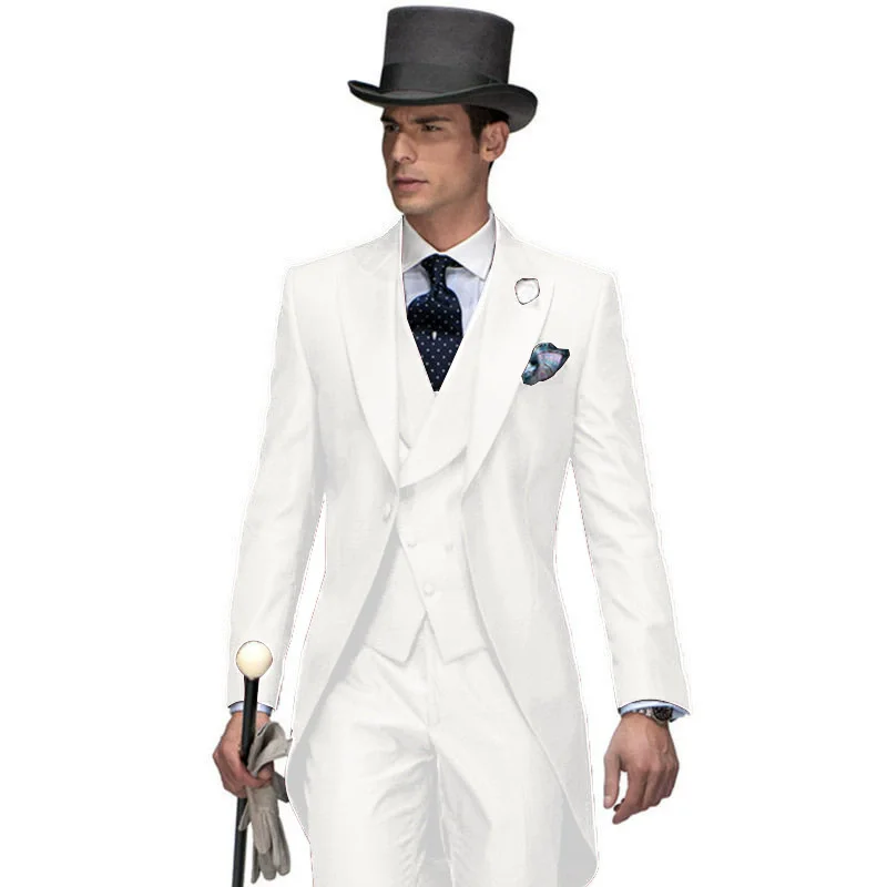 Handsome White Men's Formal Tailcoat Dress Suit with Swallow Tail Male Jacket Vest Pants Set for Wedding Prom Magic Performance