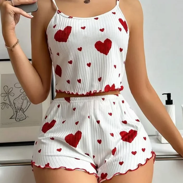 Summer Women's Home 2-Piece Set with Heart-Shaped Printed Round Neck Camisole Top, High Waist Slim Fit Pleated Shorts Set